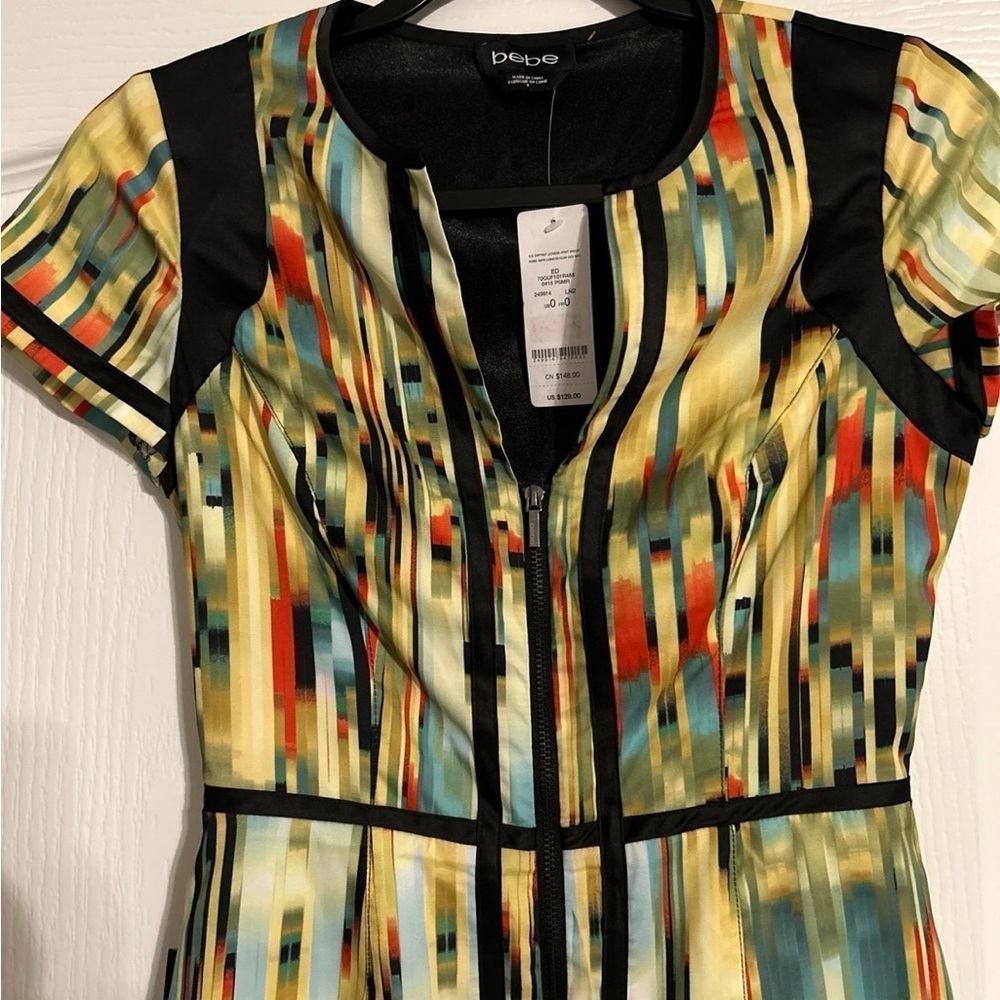 New Bebe Green Tan Ribbed Fit and Flare Dress Sz 0.